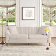 Sofa, 3-Seat, Beige Polyester with Brown Wood Legs