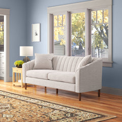 Sofa, 3-Seat, Beige Polyester with Brown Wood Legs