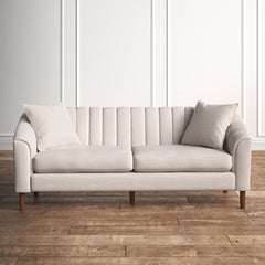 Sofa, 3-Seat, Beige Polyester with Brown Wood Legs