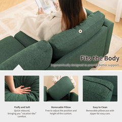 Sofa, 3-Seat, Green Cotton Blend with Dark Brown Wood Legs