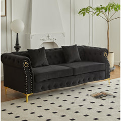 Sofa, 3-Seater, Black Velvet, Chesterfield Style, Metal Legs
