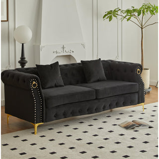 Sofa, 3-Seater, Black Velvet, Chesterfield Style, Metal Legs