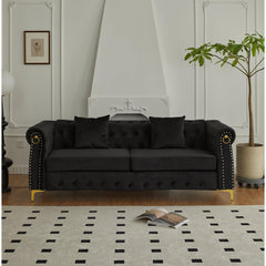 Sofa, 3-Seater, Black Velvet, Chesterfield Style, Metal Legs