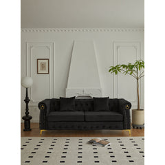 Sofa, 3-Seater, Black Velvet, Chesterfield Style, Metal Legs