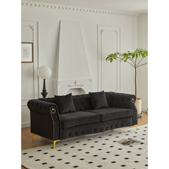 Sofa, 3-Seater, Black Velvet, Chesterfield Style, Metal Legs