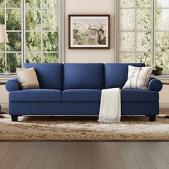 Sofa, 3-Seater, Blue Linen with Rolled Arms