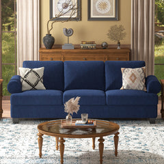 Sofa, 3-Seater, Blue Linen with Rolled Arms