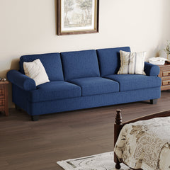 Sofa, 3-Seater, Blue Linen with Rolled Arms