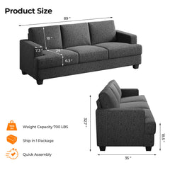 Sofa, 3-Seater, Gray Polyester with Square Arms and Black Legs