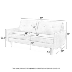 Sofa, 70 Inch, Brown Microfiber, Solid Wood Frame and Legs