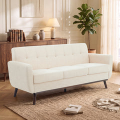 Sofa, 78-Inch Beige Linen, Tufted Back, Solid Wood Frame, Brown Legs