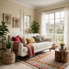 Sofa, 78-Inch Beige Linen, Tufted Back, Solid Wood Frame, Brown Legs