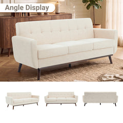 Sofa, 78-Inch Beige Linen, Tufted Back, Solid Wood Frame, Brown Legs