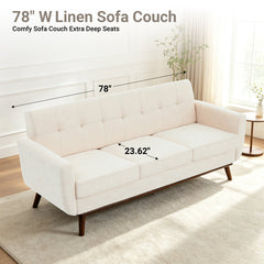Sofa, 78-Inch Beige Linen, Tufted Back, Solid Wood Frame, Brown Legs