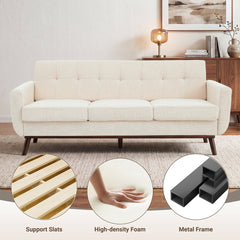 Sofa, 78-Inch Beige Linen, Tufted Back, Solid Wood Frame, Brown Legs