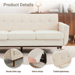 Sofa, 78-Inch Beige Linen, Tufted Back, Solid Wood Frame, Brown Legs