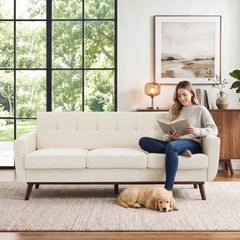 Sofa, 78-Inch Beige Linen, Tufted Back, Solid Wood Frame, Brown Legs