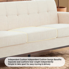 Sofa, 78-Inch Beige Linen, Tufted Back, Solid Wood Frame, Brown Legs