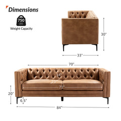 Sofa, 84 in W, Camel Upholstery with Black Metal Legs