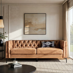 Sofa, 84 in W, Camel Upholstery with Black Metal Legs