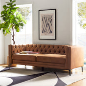 Sofa, 84 in W, Camel Upholstery with Black Metal Legs