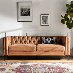 Sofa, 84 in W, Camel Upholstery with Black Metal Legs