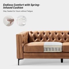 Sofa, 84 in W, Camel Upholstery with Black Metal Legs