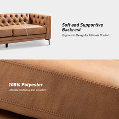 Sofa, 84 in W, Camel Upholstery with Black Metal Legs