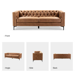 Sofa, 84 in W, Camel Upholstery with Black Metal Legs