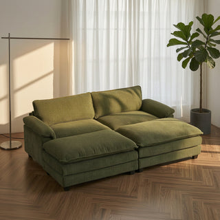 Sofa and Ottoman Set in Green Corduroy with Black Plastic Legs
