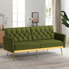 Sofa Bed, Single Sleeper, Olive Green Velvet, Gold Metal Legs