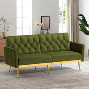Sofa Bed, Single Sleeper, Olive Green Velvet, Gold Metal Legs