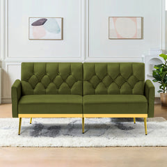 Sofa Bed, Single Sleeper, Olive Green Velvet, Gold Metal Legs