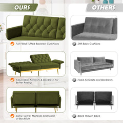 Sofa Bed, Single Sleeper, Olive Green Velvet, Gold Metal Legs