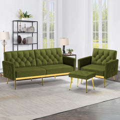 Sofa Bed, Single Sleeper, Olive Green Velvet, Gold Metal Legs