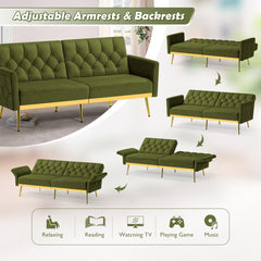 Sofa Bed, Single Sleeper, Olive Green Velvet, Gold Metal Legs