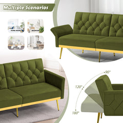 Sofa Bed, Single Sleeper, Olive Green Velvet, Gold Metal Legs