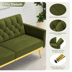 Sofa Bed, Single Sleeper, Olive Green Velvet, Gold Metal Legs