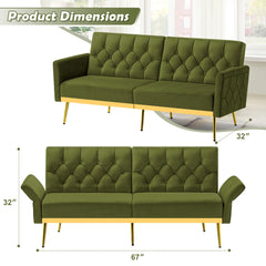 Sofa Bed, Single Sleeper, Olive Green Velvet, Gold Metal Legs