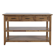 Sofa Console Table, 50 in W, Brown Wood with Drawers and Shelves