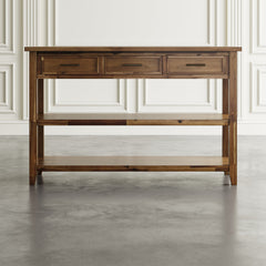 Sofa Console Table, 50 in W, Brown Wood with Drawers and Shelves