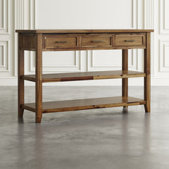 Sofa Console Table, 50 in W, Brown Wood with Drawers and Shelves