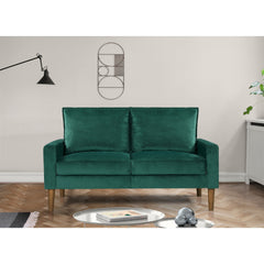Sofa, Green Velvet Upholstery, Wood Frame, Brown Wood Legs