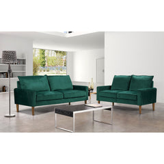 Sofa, Green Velvet Upholstery, Wood Frame, Brown Wood Legs