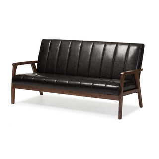 Sofa, Seats 3, Faux Leather with Walnut Legs