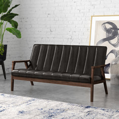Sofa, Seats 3, Faux Leather with Walnut Legs