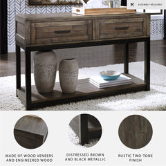 Sofa Table, 48 in Wide, Brown Manufactured Wood Top, Distressed Finish
