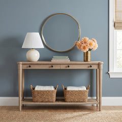 Sofa Table, 60 in Wide, Beige with Two Drawers