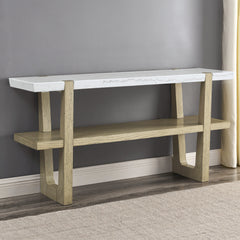 Sofa Table, 60-Inch, White Marble Top with Brown Solid Wood Base