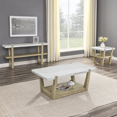 Sofa Table, 60-Inch, White Marble Top with Brown Solid Wood Base